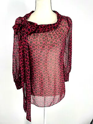 Milly Of NY 100% Silk 4 Tie Neck Sheer Blouse Red Black 3/4 Sleeve chain Print • $13.01