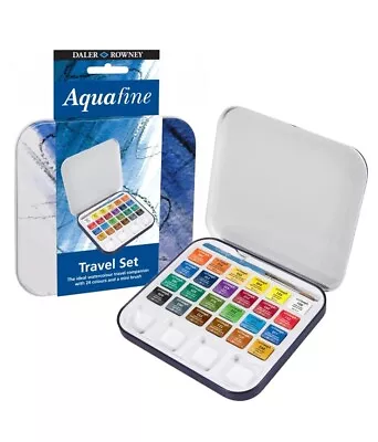 Daler Rowney Aquafine Watercolour Paints Half Pan Travel Set Of 24 & Brush • £13.99