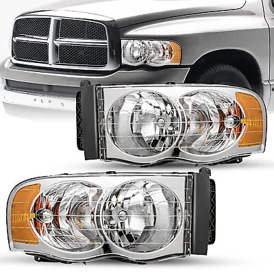 Pair Headlamps For 2002-2005 Dodge Ram 1500 2500 3500 Chrome Amber Headlamps • $61.94
