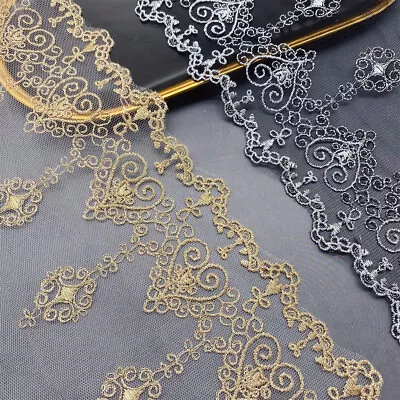 1 Yard Golden Lace Trim Fabric Mesh Embroidery For Bridal Dress Sewing Craft DIY • £4.30
