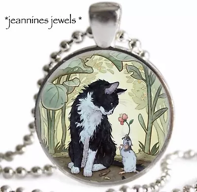 Tuxedo Cat Necklace Vintage Illustration Art Print Silver Charm Pendant • $21.99