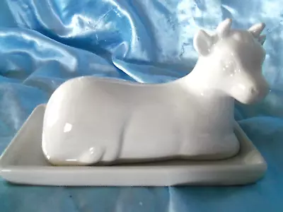 Vintage White Ceramic Cow Covered Butter Dish Farmhouse Country  • $23