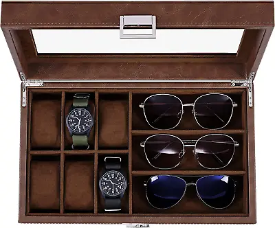 BEWISHOME Watch Box Sunglass Organizer With Real Glass Top 6 Watch Case • $43