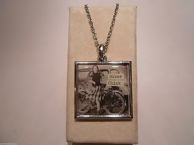 Funny Vintage Photo Two Sided Pendant Necklace BIKER CHICK Chases Boys Bicycle • $10.99