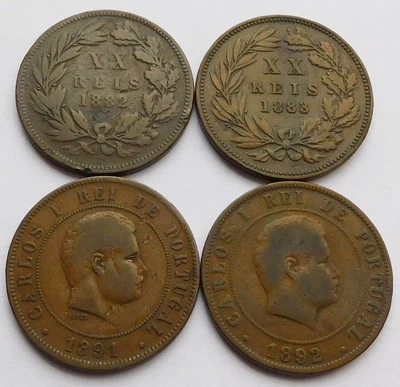 $9.99 • Buy 1882, 1883, 1891, 1892 Portugal XX 20 Reis, Four Portuguese Coins