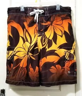 Mens Merona HAWAIIAN Swim Shorts Trunks Bottoms Large Brown Orange Pockets Mesh • $11.99