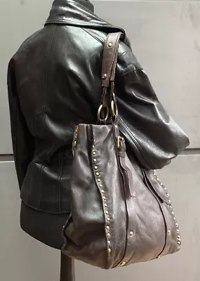 Genuine Dark Brown Leather Tote Shoulder Bag With Brass Studs By Kenneth Cole • £20