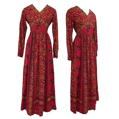 Vtg Vintage 1970s 70s Red Indian Paisley And Elephant Block Print Maxi Dress • $169