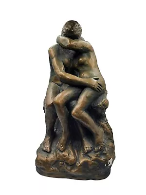 Vintage Marwal Ind Chalkware  The Kiss  Rodin Nude Sculpture Bronze Finish 12   • $34.99