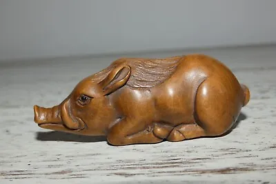 Signed Carved Wooden Japanese Netsuke  Pig/Boar  Antique • £95