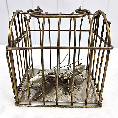 Vintage Brass Colored Cricket Cage With Door And Two Metal Crickets Inside • $12.95