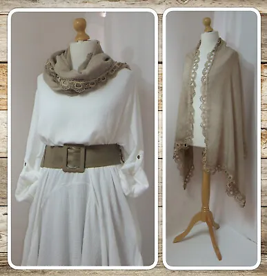 Bnwt Quirky Lagenlook Arty Beige Vintage-wash Lace-edged Large Scarf • £9.99