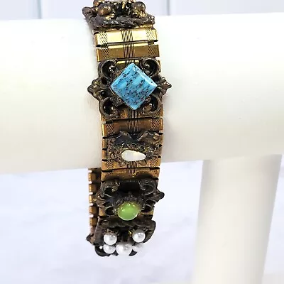 Vintage Brass And Faux Jeweled Bracelet 7.75  • $10.99