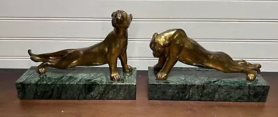 Pair Antique Art Deco Bronze Marble Lion Lioness Cat Sculpture Waldmann? • $425