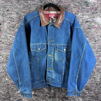 Vintage Marlboro Country Store Jean Jacket Mens XL Denim Leather Collar Distress • $49.99