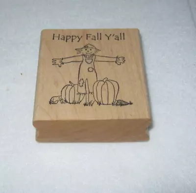 Rubber Stamp - Happy Fall Y'all With Scarecrow & Pumpkins - Large Size • $8