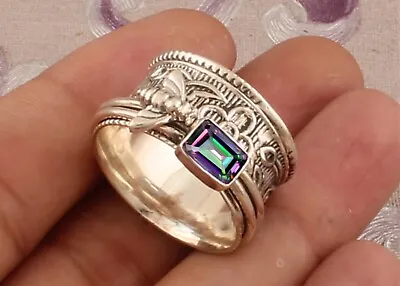 Mystic Topaz Bee 925 Sterling Silver Statement Meditation Spinner Handmade Ring • $25.99