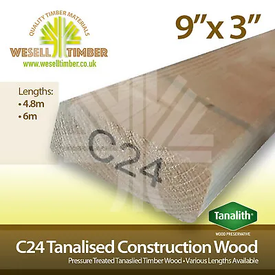 C24 Pressure Treated Structural Graded Timber 9x3 225x75 Various Sizes 4.8m - 6m • £50.75