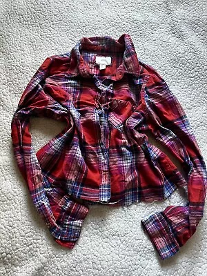 I Love H81 Crop Flannel Button Up Long Sleeve Top Casual  • $4