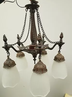 Vintage L&L WMC French Style 5 Light Iron Chandelier With Frosted Shades  • $750