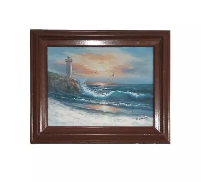 VTG Framed Oil Lighthouse Beach Signed W James Mid Century Modern 16x12 In • $64.99