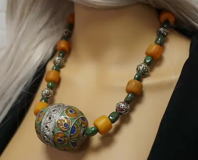 Moroccan Berber Enamel Handmade Amber Necklace Tagmout Egg Bohemian Tribal • $112.46