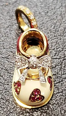 Aaron Basha 18k Yellow Gold Baby Shoe Pendant With Diamonds And Rubies Near Mint • $1825