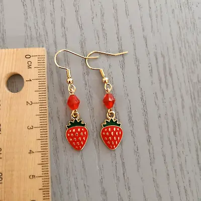 Cute Red Strawberry Earrings Dangle Hooks Gold Fruit Party AUS Free Postage • $7.50