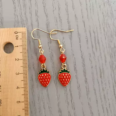 Cute Red Strawberry Earrings Dangle Hooks Gold Fruit Party AUS Free Postage • $7.50