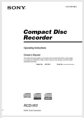 £5.99 • Buy Sony RCD-W3 Compact Disc CD Player Recorder Operating Instruction - USER MANUAL 