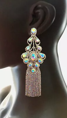 6  Long Oversized Evening Earrings Aurora Borealis Crystal Rhinestones Bridal • $28.05