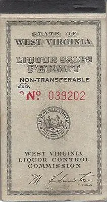 1940's State Of West Virginia-Liquor Sales Permit-No. 039202-LOT B • $13