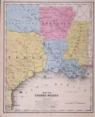 1854 Map ~ TEXAS INDIAN TERRITORY ARKANSAS LA & MS ~ Hand Colored (9x11)-#005 • $27.15