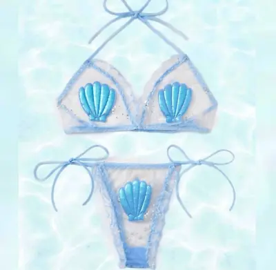 Fairycore Holographic Sheer Mermaidcore Blue Sheer Shell Little Mermaid Set • $35