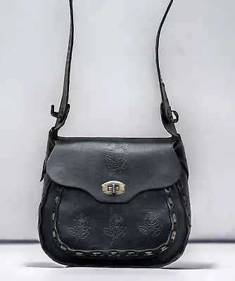 Vintage Handmade Mexican Black Floral Embossed Leather Shoulder Bag Silvertone • $59.99