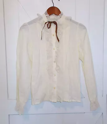 VTG Cream Color Long Sleeve Button Up Lace Ruffle Blouse Women's S Cottage Core • $19.99