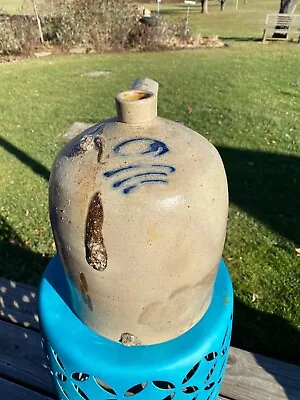 Vintage 2-Gallon Salt Glazed Stoneware Jug W/Cobalt & Large TOBACCO SPIT • $860