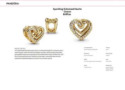 $49 • Buy Pandora Shine Sparkling Entwined Hearts Charm - 769270C01. As New - Rrp $109