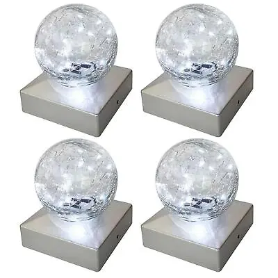 4 X Solar Cool White Led Crackle Square Glass Ball Garden Post Deck Fence Light  • £27.95