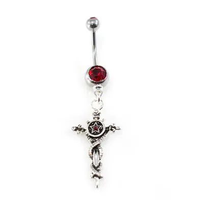 Belly Button Ring With Vintage Sword Dangle Design And Red Cubic Zirconia Gems • $10.76