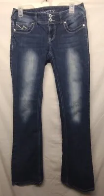 Y2K Vanity Curvy Flared Denim Blue Jeans Dark Washed Embroidered Women's 28W/35L • $14.95
