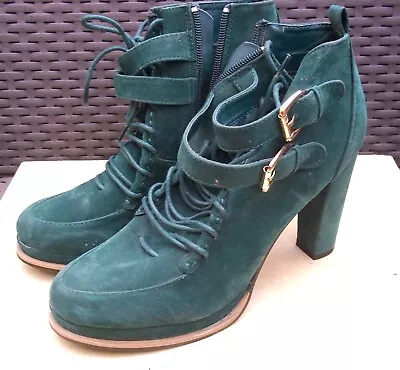 FoliFolio Boots Green Suede Leather Ankle Heels Lace Up UK6.5 EU40 Premiere Suir • £14.07