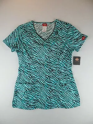 NWT Dickies Womens Size S Contemporary Scrub Top Blue Teal/Black Zebra Striped • $13.27