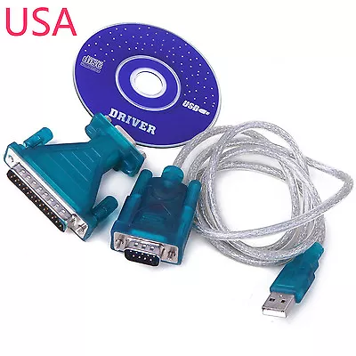 USB 2.0 To Serial DB 9 Pin RS232 Cable+ 25 Parallel Adapter Connector Windows 7 • $8.98