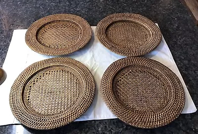MINT SET OF 4 Vintage Rattan Basket Weave Charger Plates 12.5” Wicker Placemats • $49.90