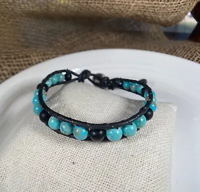 Men's Turquoise And Matte Black Agate 6mm Bead Wrap Bracelet Wristband USA • $19