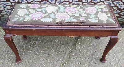 Long Vintage Foot Stool Upholstered Seat Wooden Frame & Queen Anne Cabriole Legs • £65