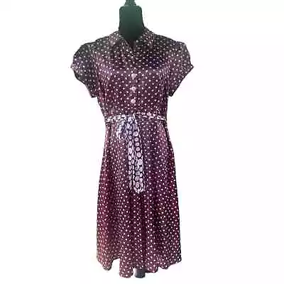 Amanda Lane Vintage Brown And White Polka Dot Satiny Midi Dress Size 16 • £24.09