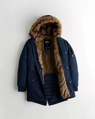 NWT Hollister By Abercrombie&Fitch Men's Faux-Fur-Lined Military Parka Navy Blue • $149.95