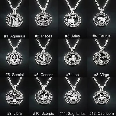 Zodiac Star Sign Silver Tone Pendant Necklace Chain Mens Womens Boys Girls Gift • £3.99